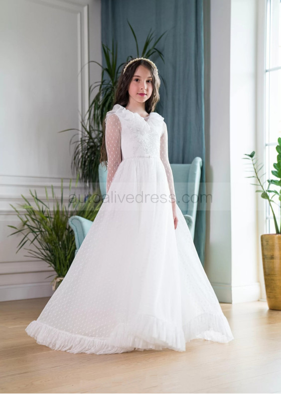 Long Sleeves Ivory Polka Dots Tulle Lace Flower Girl Dress Long Sleeves Ivory Polka Dots Tulle Lace Flower Girl Dress